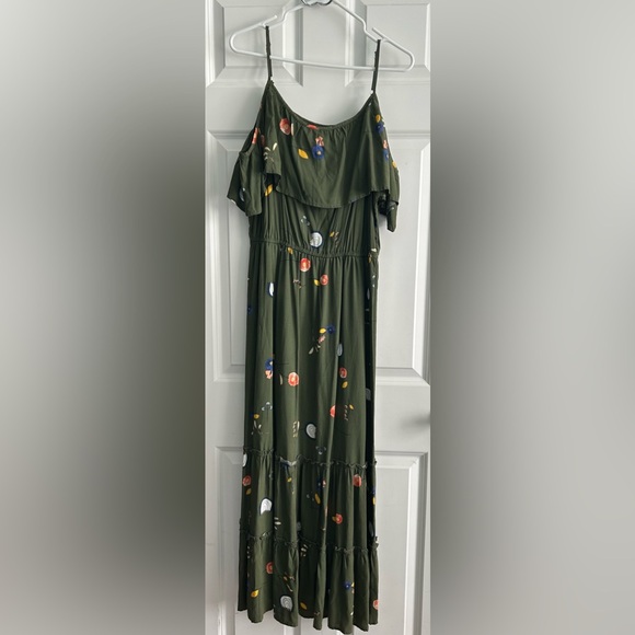 a.n.a Olive Green Floral Maxi Dress with Ruffled Off-Shoulder - Picture 2 of 7